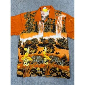 Resort Wear Shirt Mens SM Orange Leopard Waterfall Tropical Beach‎ Festival Camp